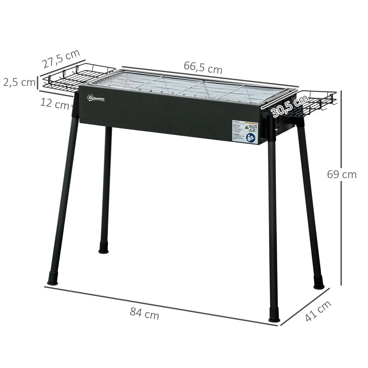 Churrasqueira a Carvão Outsunny Aço Inoxidável Metal 77x30x70 Cm Preto