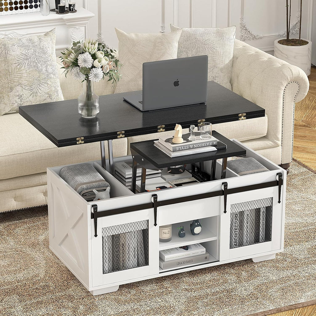 VOWNER Mesa de Centro Elevável, Mesa Extensível, Multifuncional 3 em 1 com Armazenamento Oculto - Sala de Jantar, Conversível, Estilo Fazenda, Nogueira