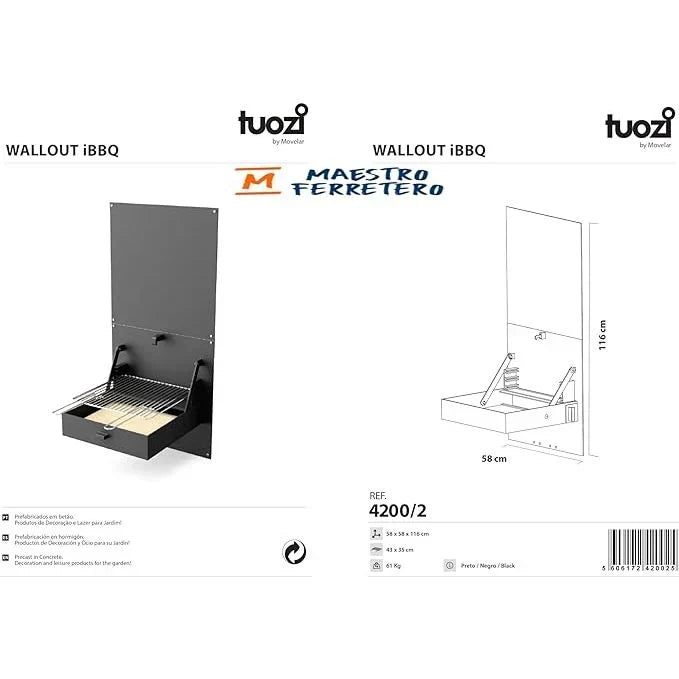 Tuozi - Churrasqueira De Parede Para Lenha E Carvão Modelo Wall Ibbq Com Placa De Proteção (preto - 58,5 X 57 X 114 Cm) Ref: 4200/2