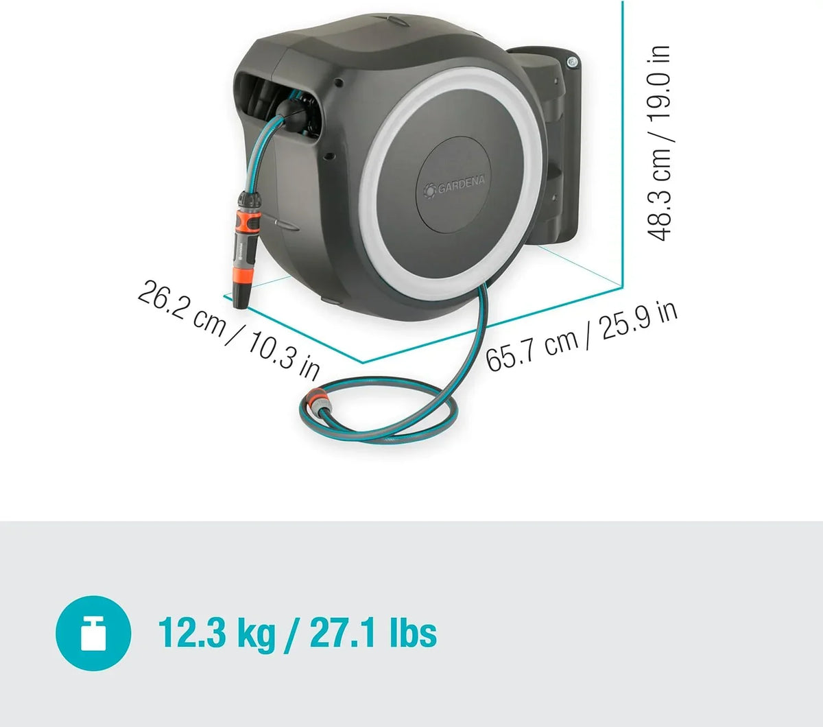 Carretel de Mangueira de Parede Gardena Rollup L (Branco) 30m com 1 Pulverizador Multi-Jato Comfort, Guia de Mangueira Integrado, Inclui Mangueira de Qualidade de 30m e Montagem Auxiliar (18627-38)