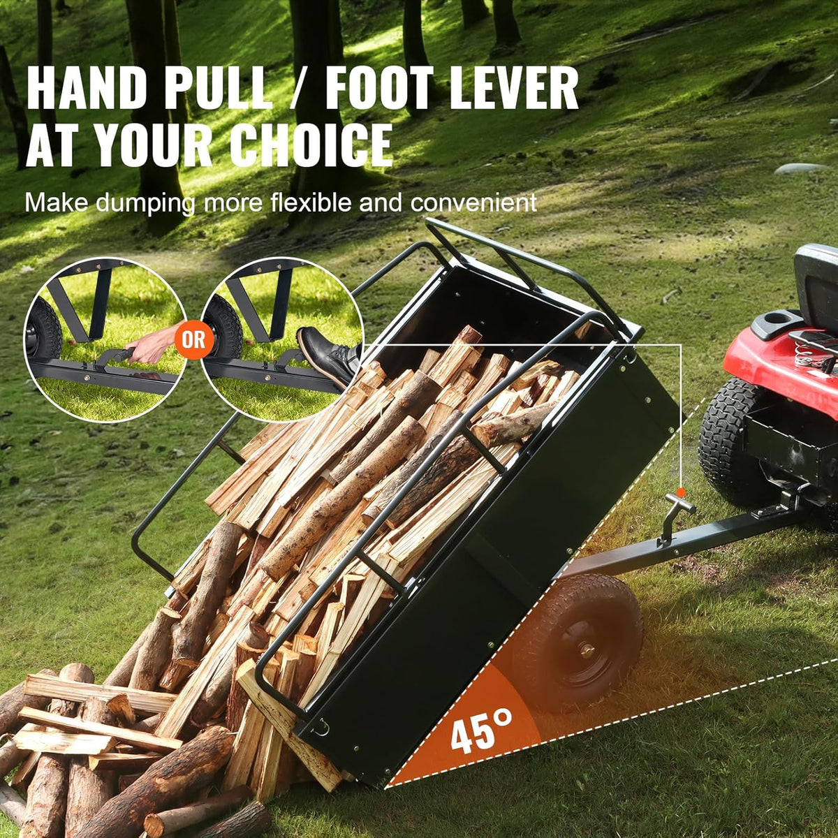 VEVOR Reboque Basculante Capacidade de Carga 340kg Reboque Utilitário de Jardim para Serviço Pesado com Laterais Removíveis Carrinho de Transporte Basculante de 0,4m³ para Trator, Cortador de Grama, ATV, 200x66x76cm