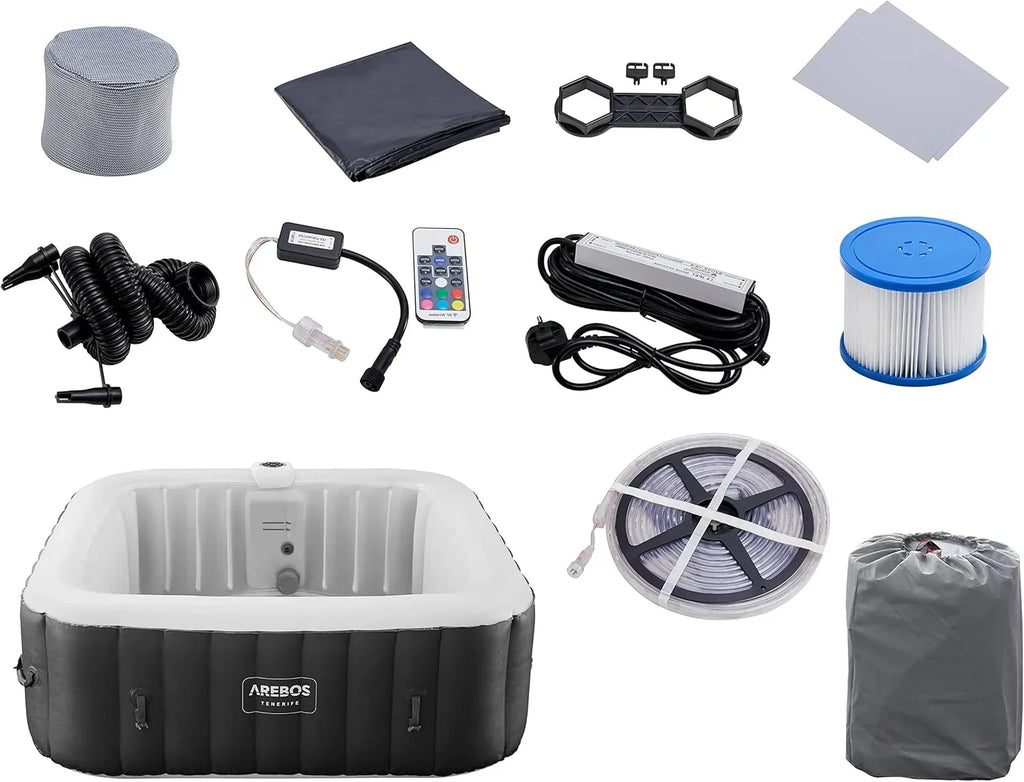 Arebos Whirlpool Inflável | Banheira de Hidromassagem | 185 x 185 cm | para 6 Pessoas | Faixa de LED Luminosa | 130 Jatos de Massagem | 910 Litros | Inclui Cobertura | Massagem Borbulhante e Bem-Estar