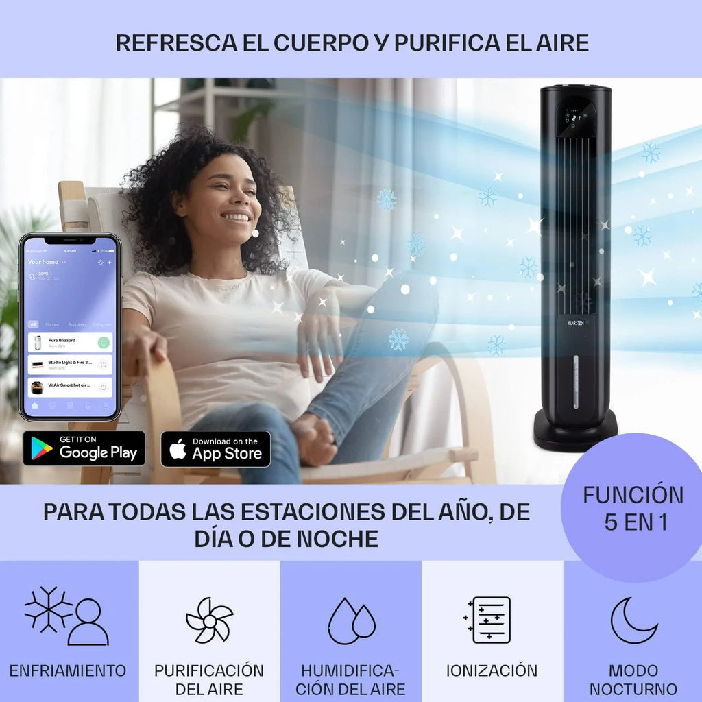 KLARSTEIN Polar Tower Smart Climatizador Evaporativo – 4 em 1: Ventilador, Umidificador e Purificador, Controle por App e Alexa, Tanque de 7L, 3.306 m³/h, Modo Noturno, Portátil com Rodas, Preto