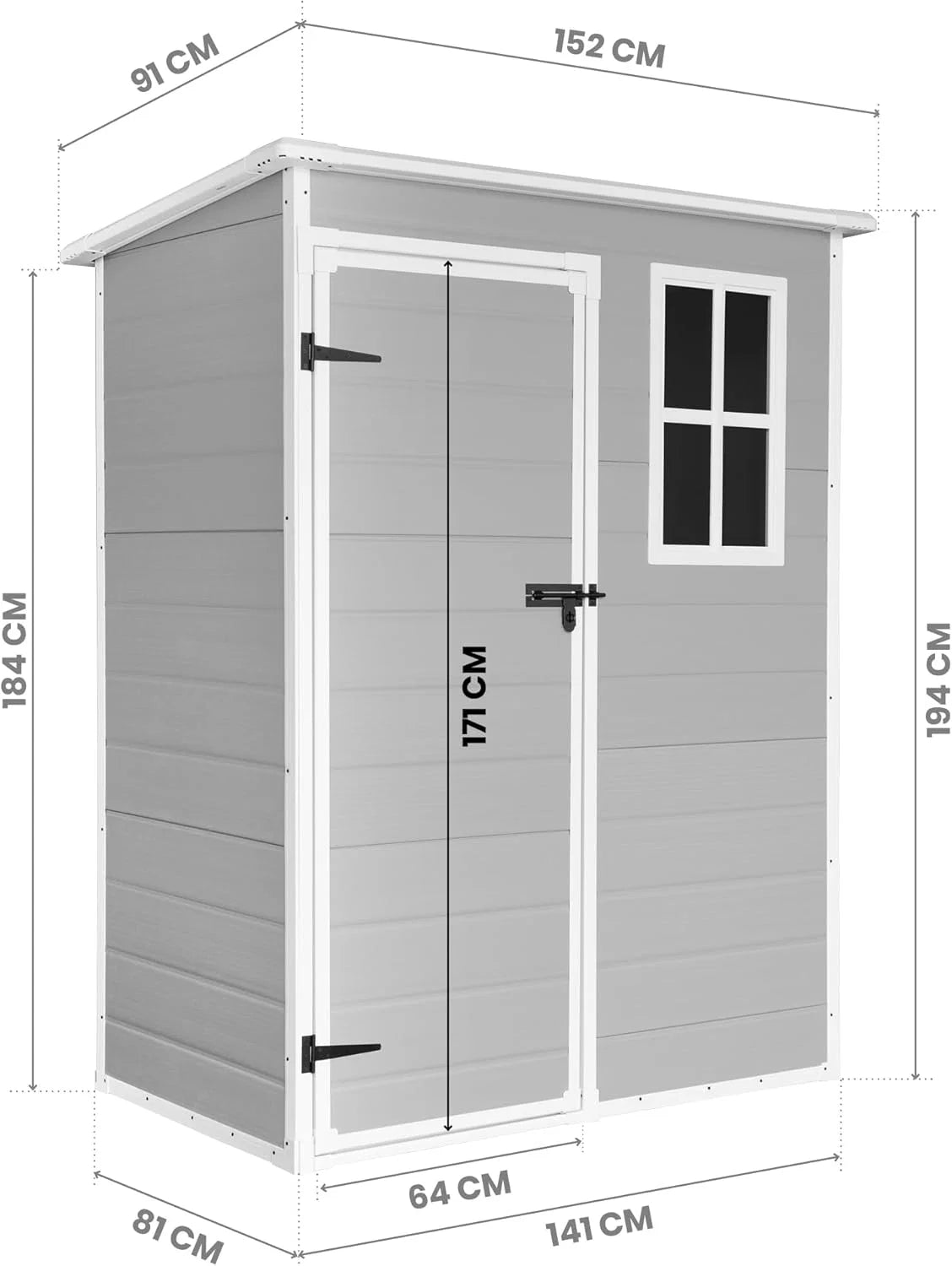 Wasabi - Armário de Resina para Jardim Unidade 1.4 – Janela de Luz Natural - Chão Incluído - Painéis de 12mm de Espessura - Cinza Branco - Galpão de PVC para Armazenamento Exterior - 1,37m2 - Telhado Plano