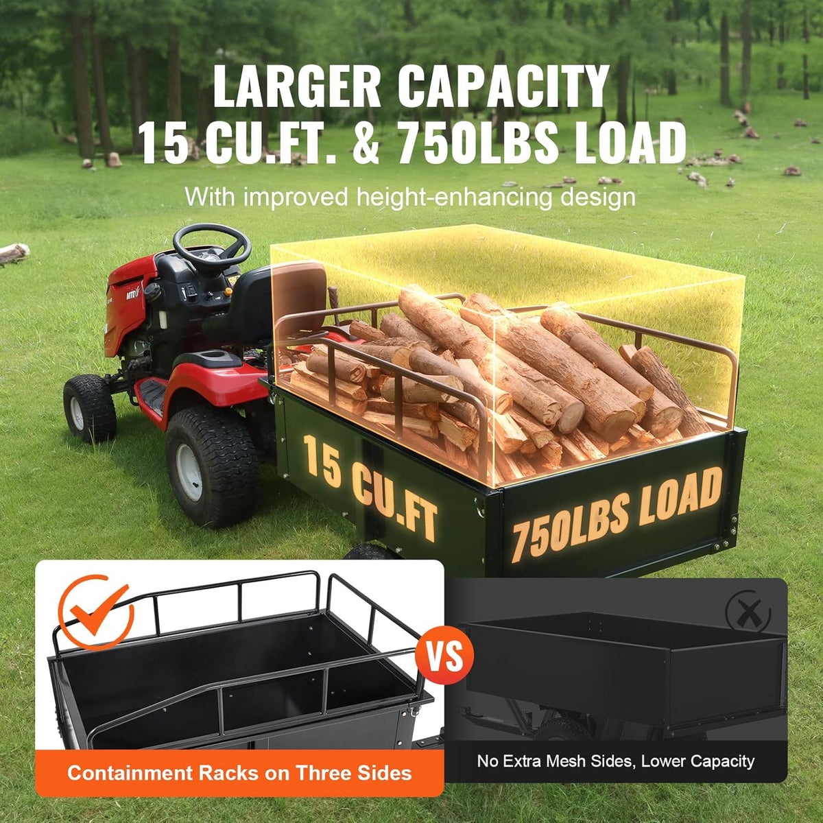 VEVOR Reboque Basculante Capacidade de Carga 340kg Reboque Utilitário de Jardim para Serviço Pesado com Laterais Removíveis Carrinho de Transporte Basculante de 0,4m³ para Trator, Cortador de Grama, ATV, 200x66x76cm
