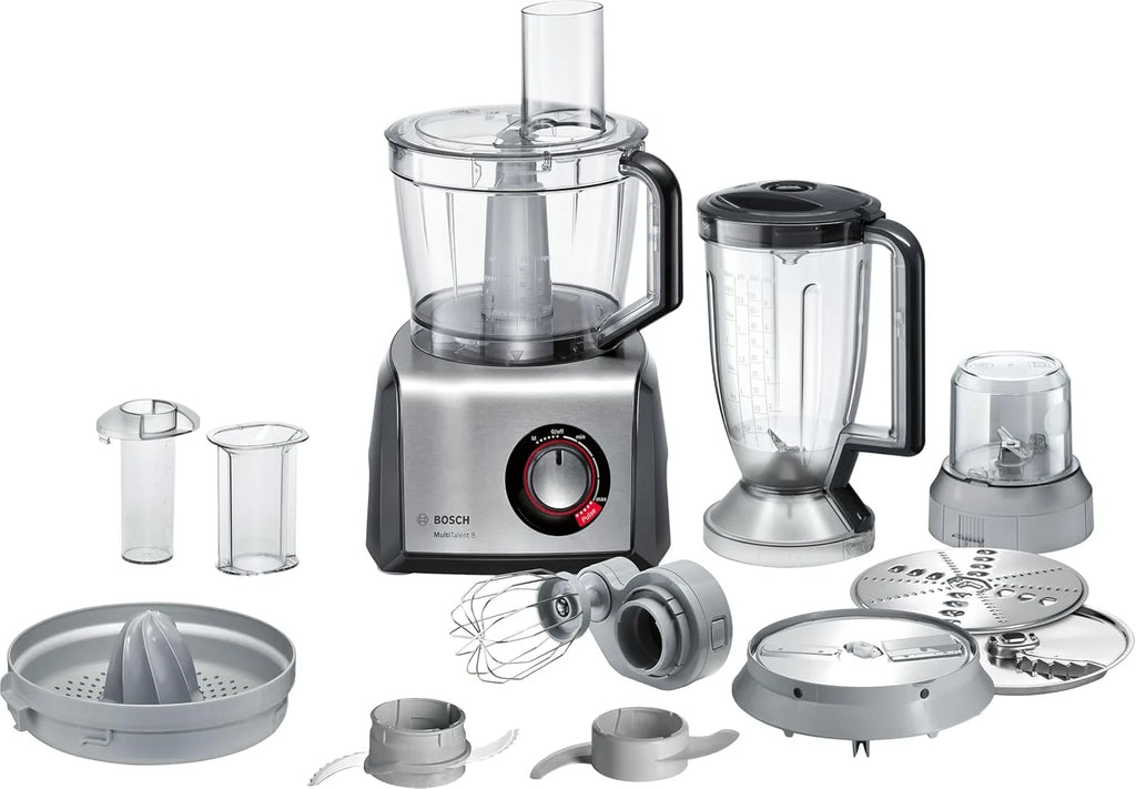 Bosch MultiTalent 8, Robô de Cozinha com Disco para Batatas Fritas e Moedor de Grãos, 1250 W, Tigela Grande de 3,9 l, Liquidificador de 1,5 l, Espremedor de Cítricos, Display LED, MC812M844, Branco, Aço Escovado