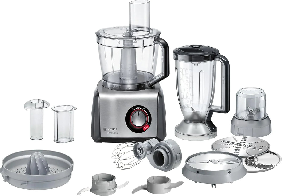 Bosch MultiTalent 8, Robô de Cozinha com Disco para Batatas Fritas e Moedor de Grãos, 1250 W, Tigela Grande de 3,9 l, Liquidificador de 1,5 l, Espremedor de Cítricos, Display LED, MC812M844, Branco, Aço Escovado