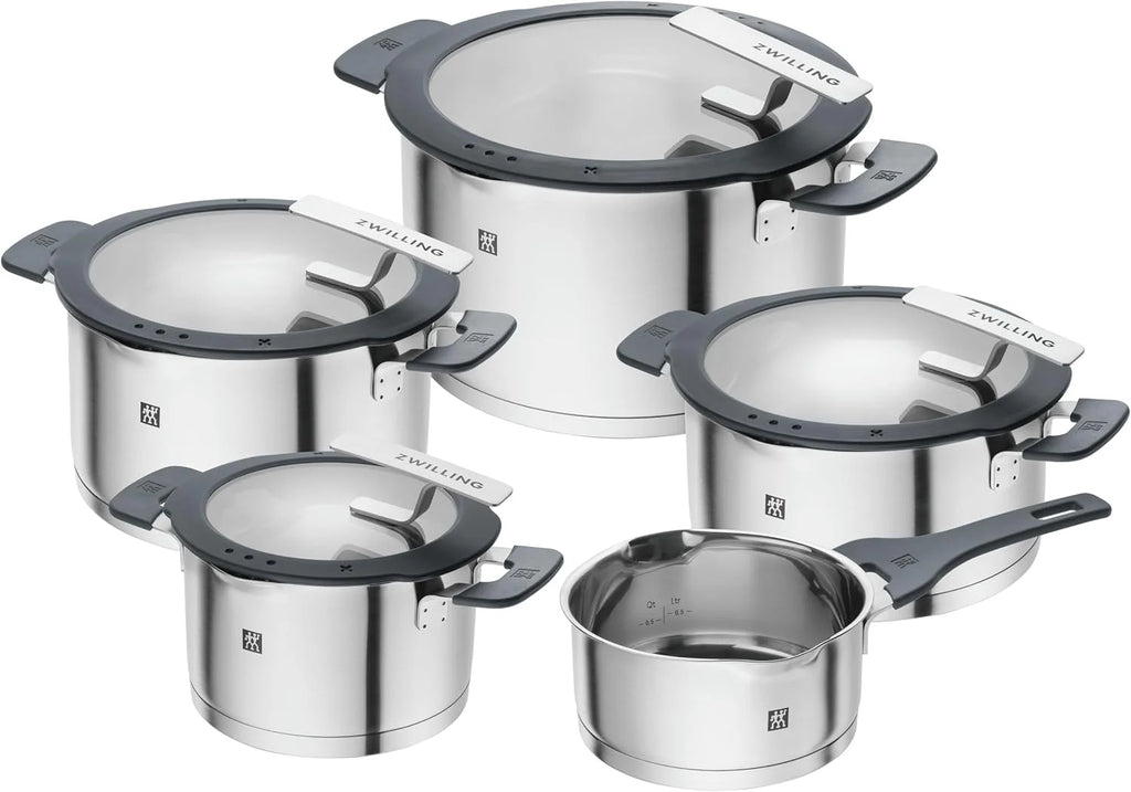 ZWILLING Jogo de panelas simplificado em aço inoxidável, 5 peças, com peneira integrada na tampa, adequado para indução, prata/preto