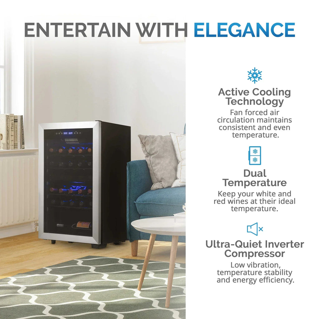Newair® 2026 Refrigerador de Vinhos Freestanding – 28 Garrafas (48 cm), Duas Zonas, Aço Inoxidável